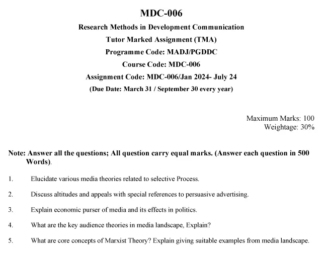 IGNOU MDC-06 - Media and Communication Theories Latest Solved Assignment-January 2024 - July 2024