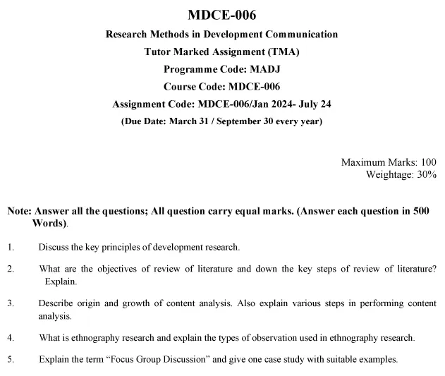 IGNOU MDCE-06 - Research Methods in Development Communication Latest Solved Assignment-January 2024 - July 2024