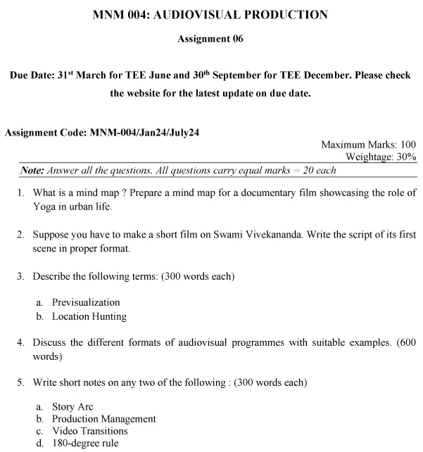 IGNOU MNM-04 -  Audiovisual Production Latest Solved Assignment-January 2024 - July 2024