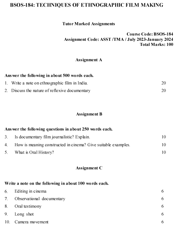 IGNOU BSOS-184 - Techniques of Ethnographic Film Making, Latest Solved Assignment-July 2023 - January 2024