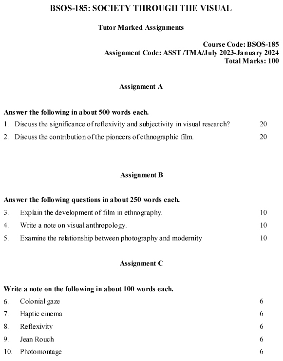 IGNOU BSOS-185 - Society through the Visual, Latest Solved Assignment-July 2023 - January 2024