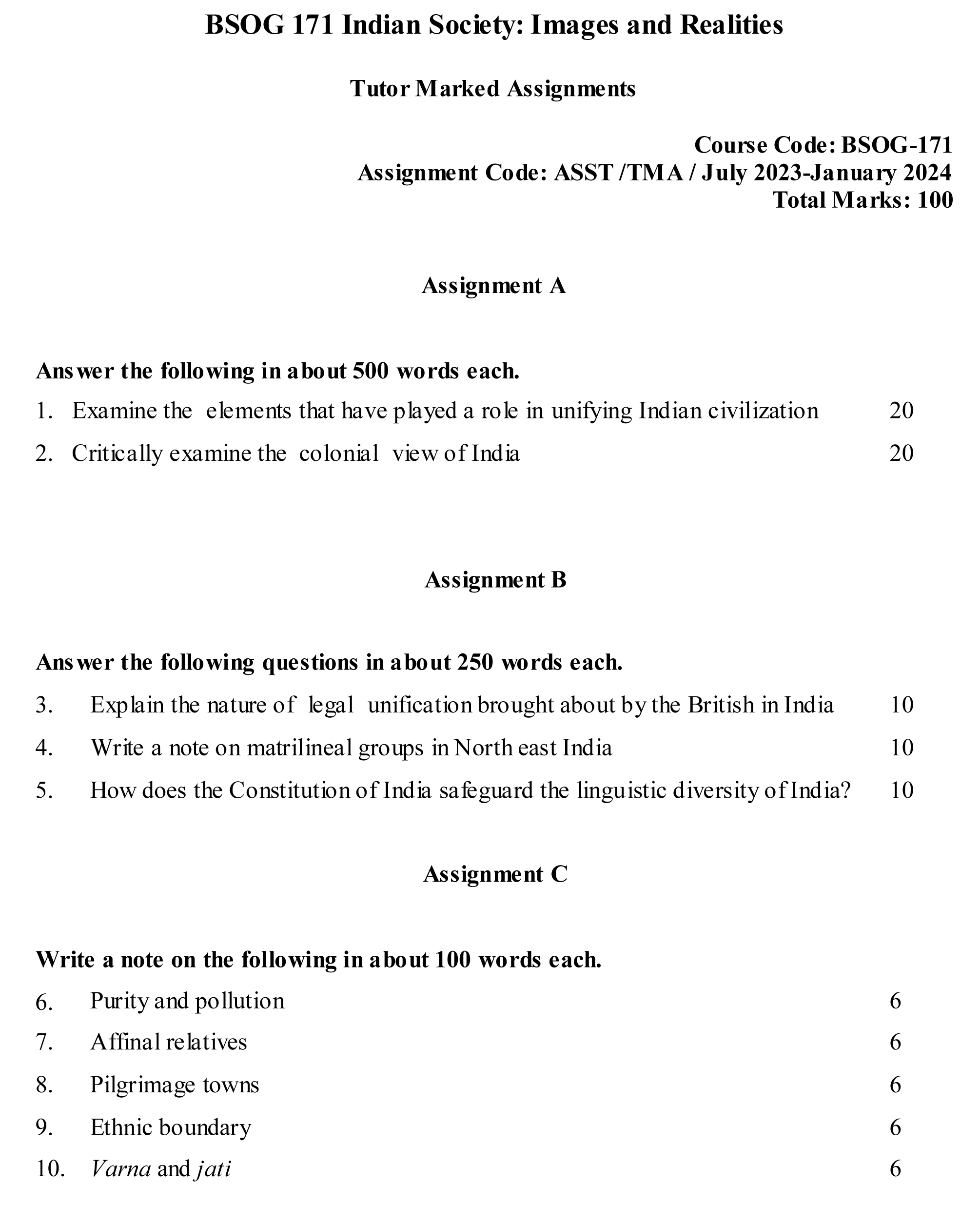 IGNOU BSOG-171 - Indian Society: Images and Realities, Latest Solved Assignment-July 2023 - January 2024