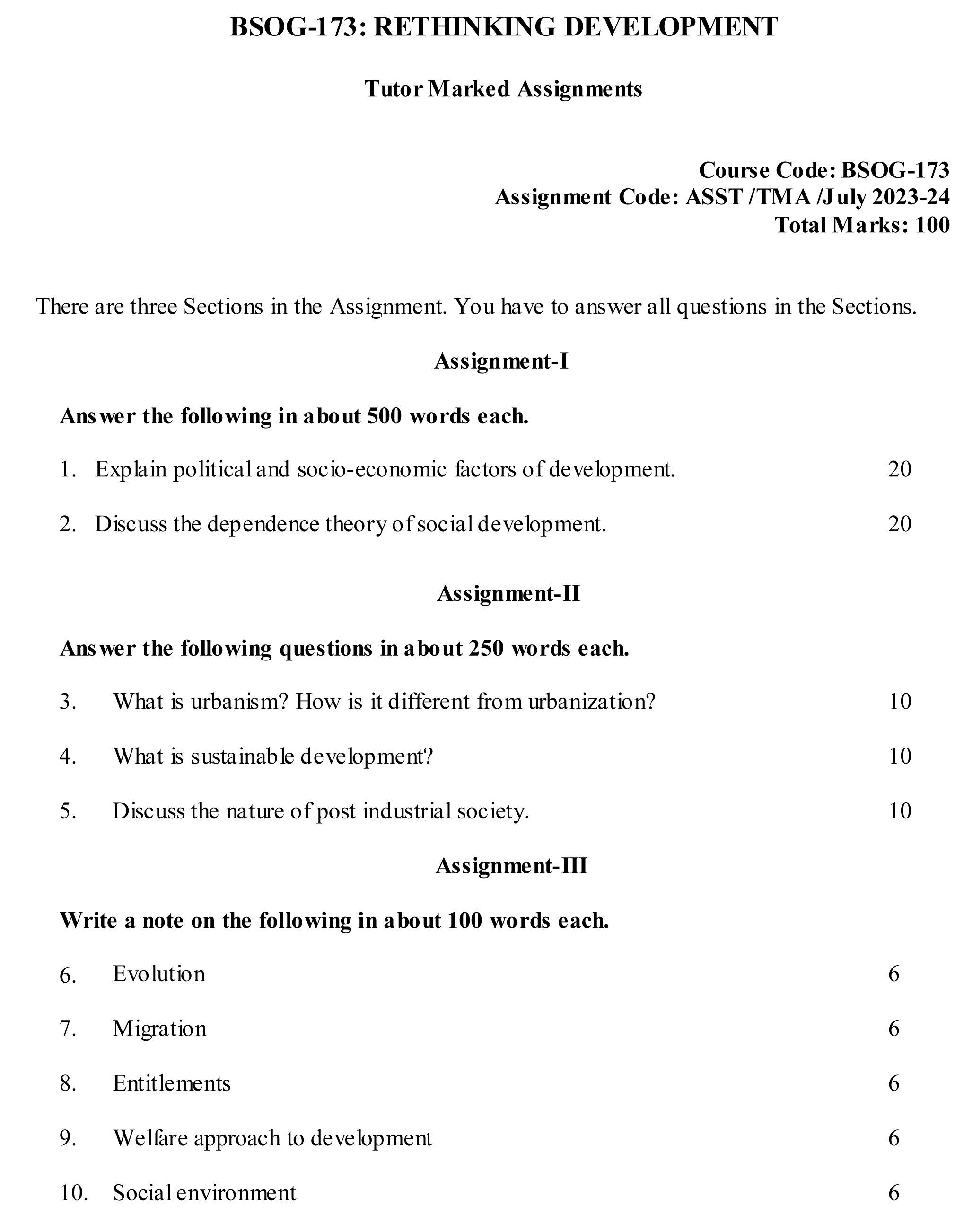 IGNOU BSOG-173 - Rethinking Development, Latest Solved Assignment-July 2023 - January 2024