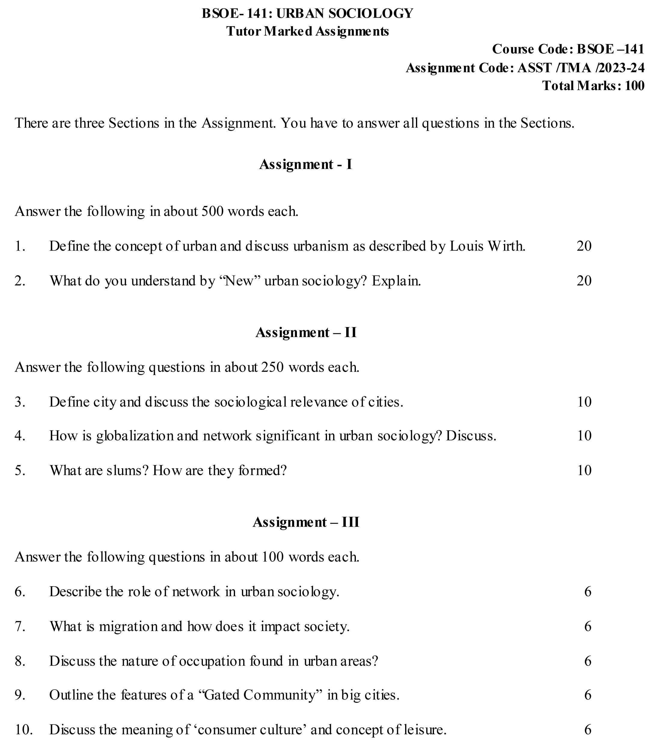 IGNOU BSOE-141 - Urban Sociology, Latest Solved Assignment-July 2023 - January 2024