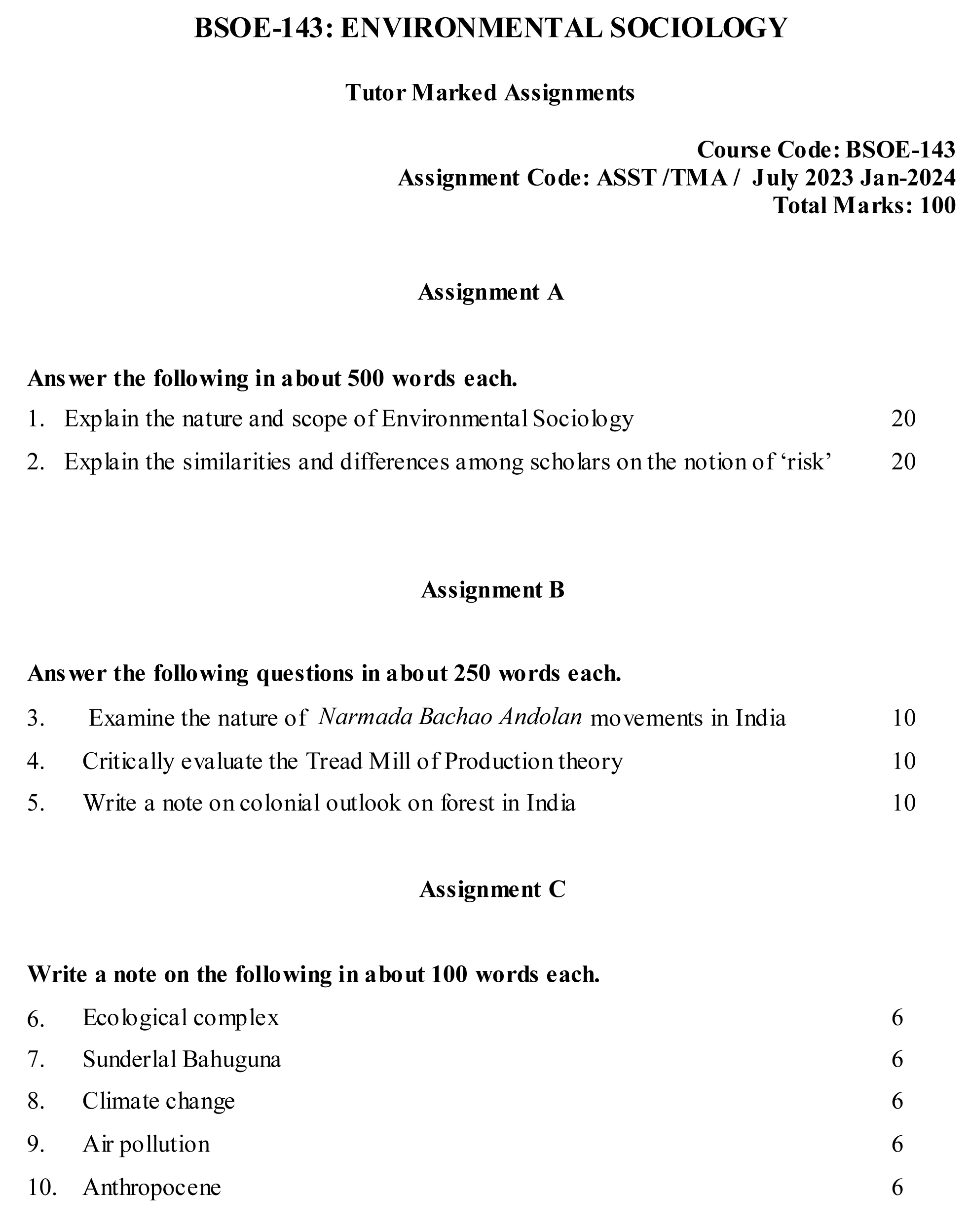 IGNOU BSOE-143 - Environmental Sociology, Latest Solved Assignment-July 2023 - January 2024