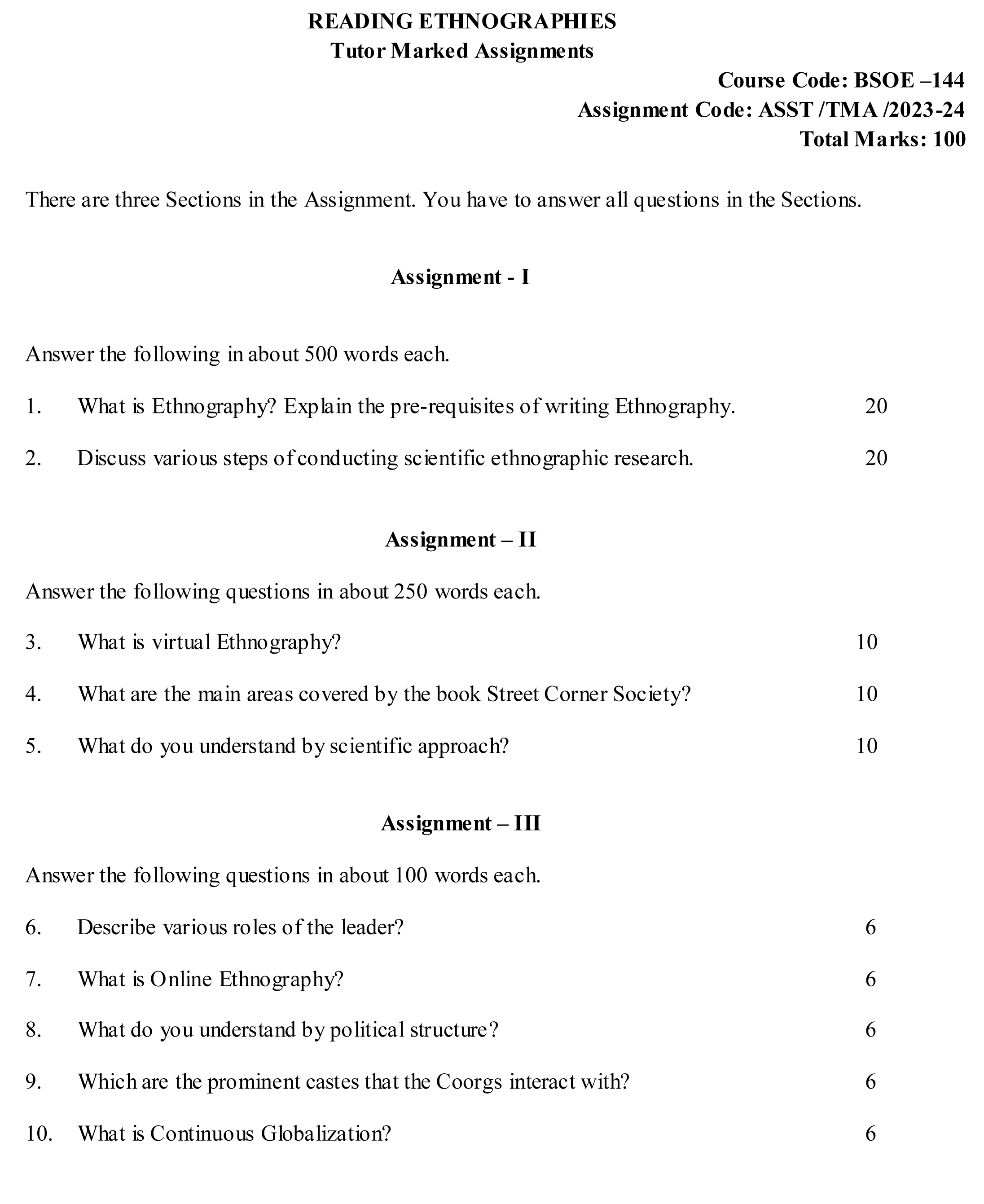 IGNOU BSOE-144 - Reading Ethnographies, Latest Solved Assignment-July 2023 - January 2024