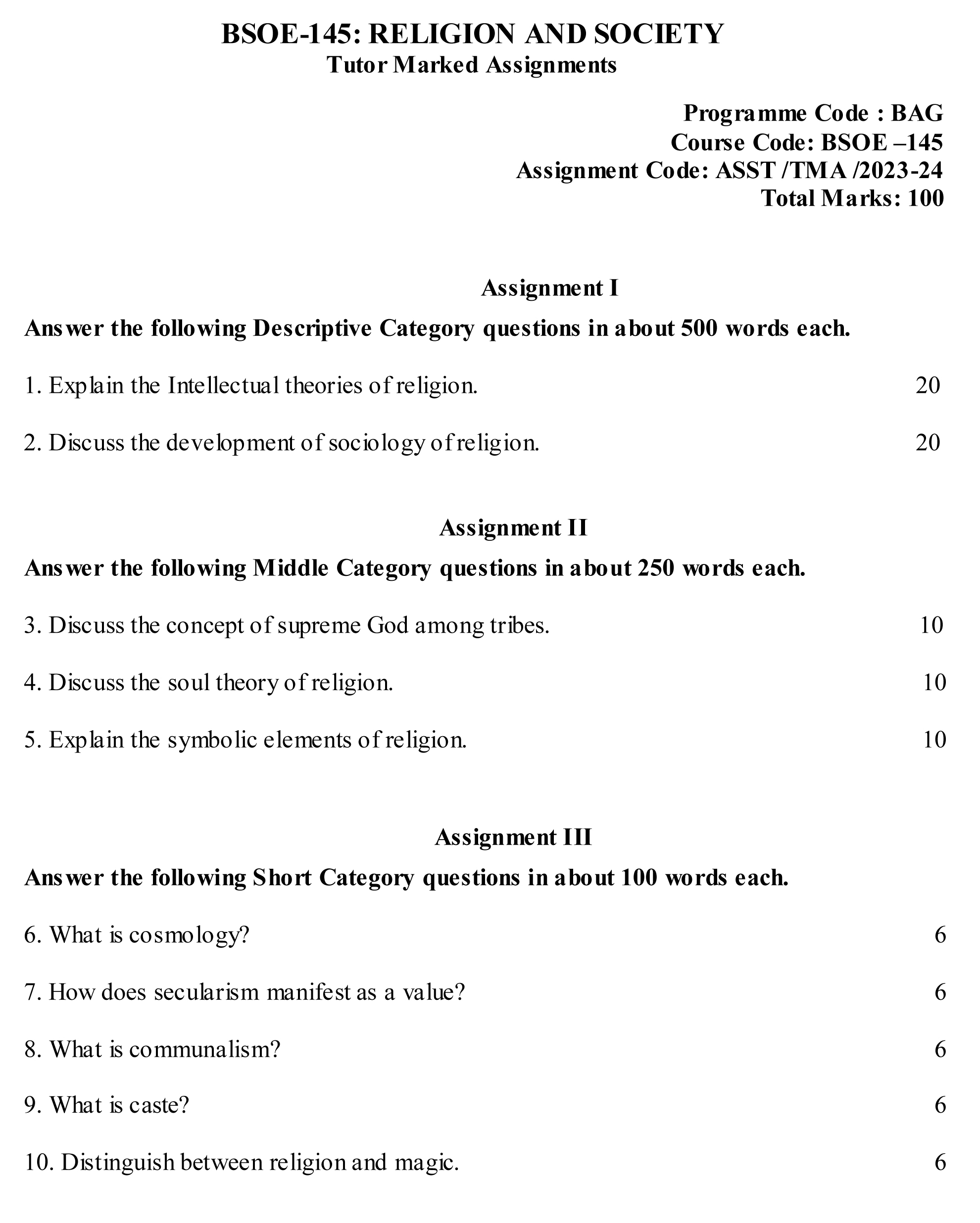 IGNOU BSOE-145 - Religion and Society, Latest Solved Assignment-July 2023 - January 2024