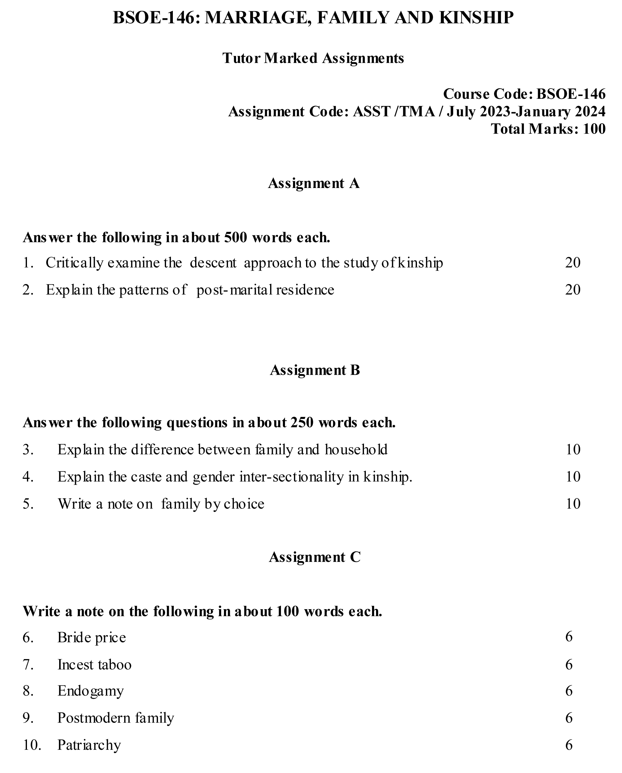 IGNOU BSOE-146 - Marriage, Family and Kinship, Latest Solved Assignment-July 2023 - January 2024