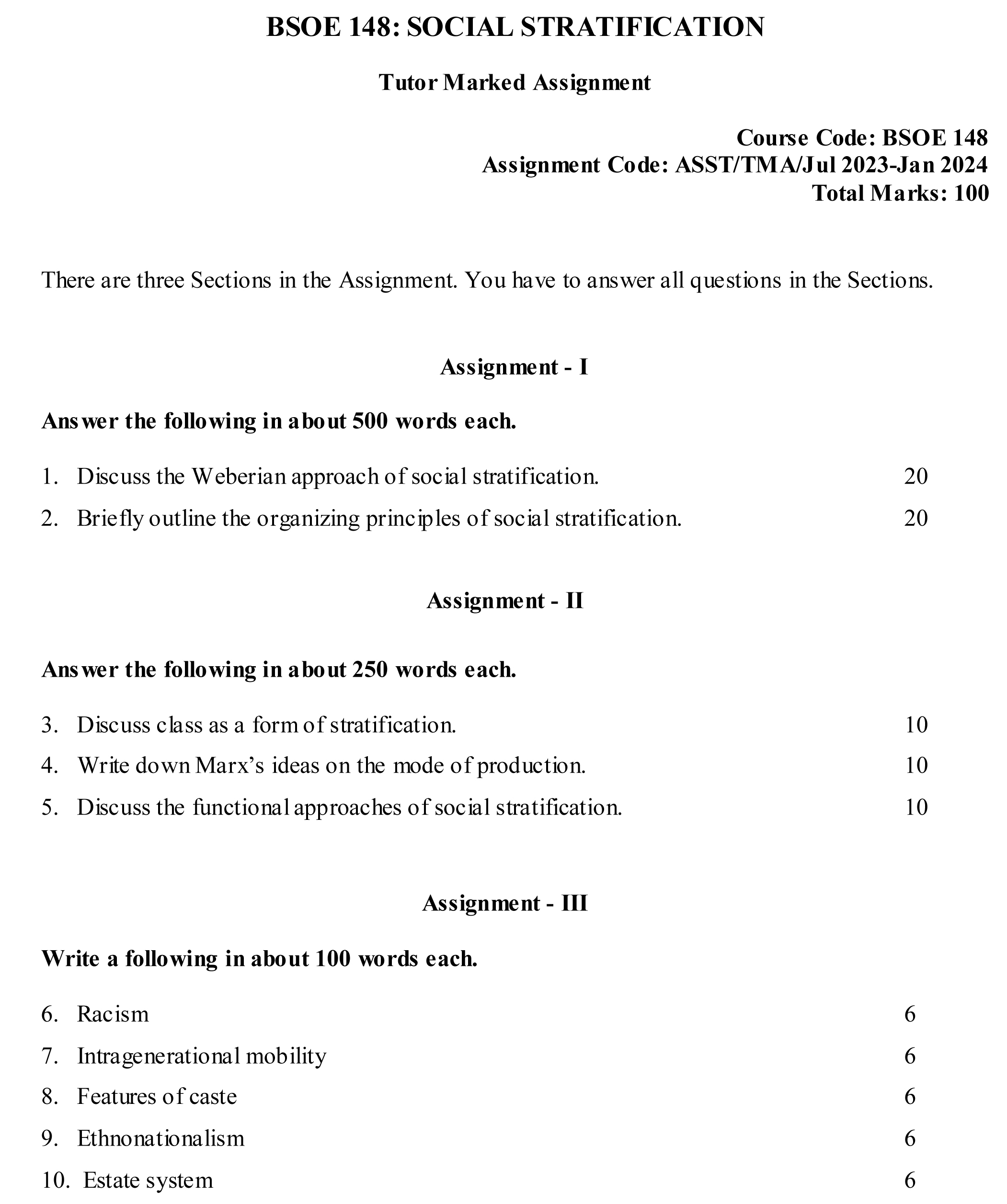 IGNOU BSOE-148 - Social Stratification, Latest Solved Assignment-July 2023 - January 2024