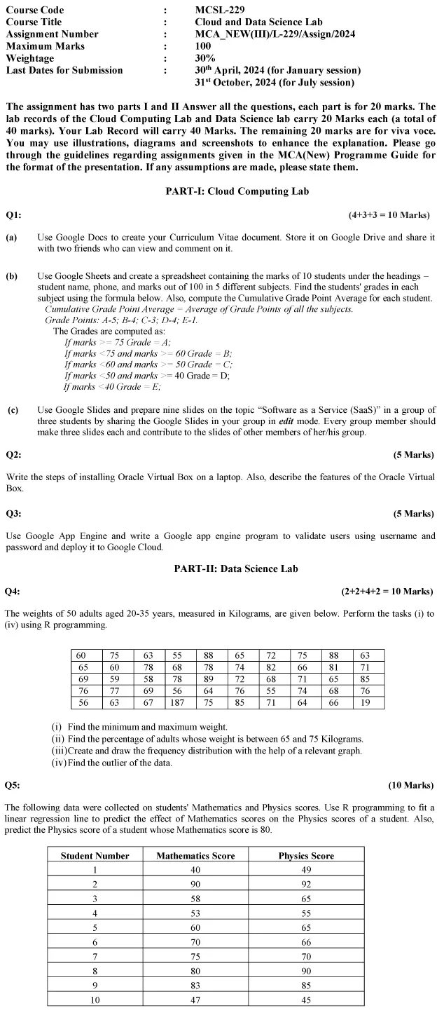 IGNOU MCSL-229 - Cloud and Data Science Lab Latest Solved Assignment-January 2024 - July 2024