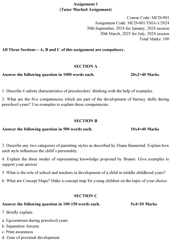 IGNOU MCD-01 - Development of the Child: Birth to Eight Years Latest Solved Assignment-January 2024 - July 2024