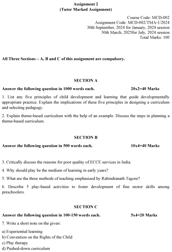 IGNOU MCD-02 - Curriculum and Pedagogy for Early Years and Foundational Stage Education- Part 1 Latest Solved Assignment-January 2024 - July 2024