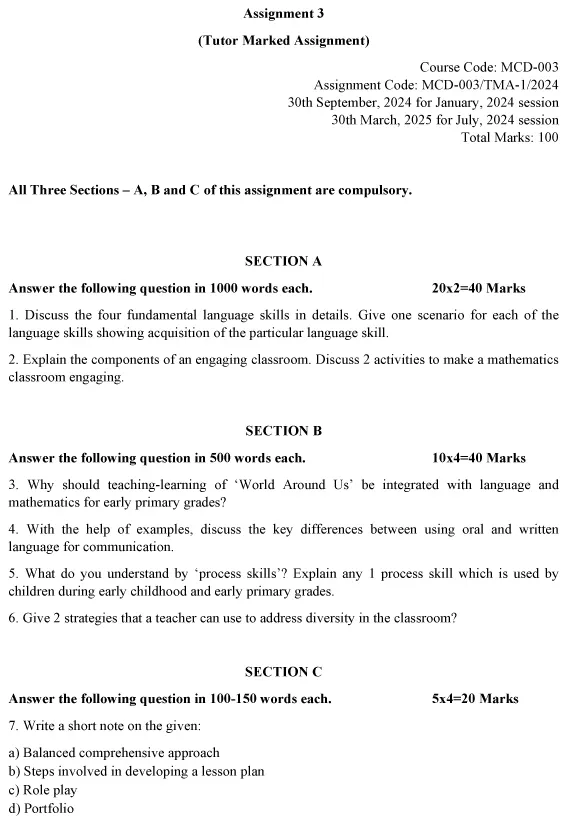 IGNOU MCD-03 - Curriculum and Pedagogy for Early Years and Foundational Stage Education- Part 2  Latest Solved Assignment-January 2024 - July 2024