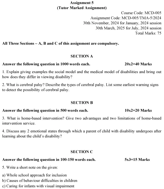 IGNOU MCD-05 - Disability and Inclusion Latest Solved Assignment-January 2024 - July 2024