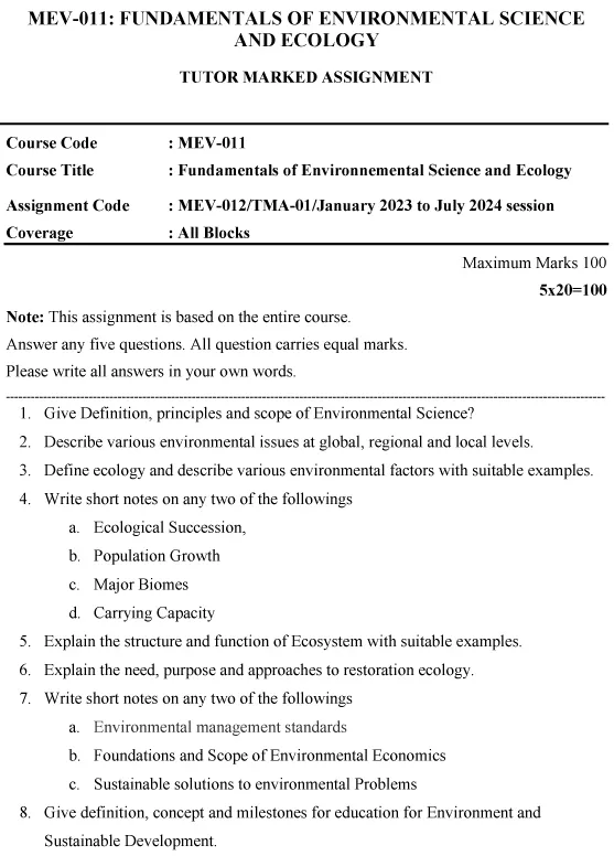 IGNOU MEV-11 - Fundamentals of Environmental Science and Ecology Latest Solved Assignment-January 2023 - July 2024