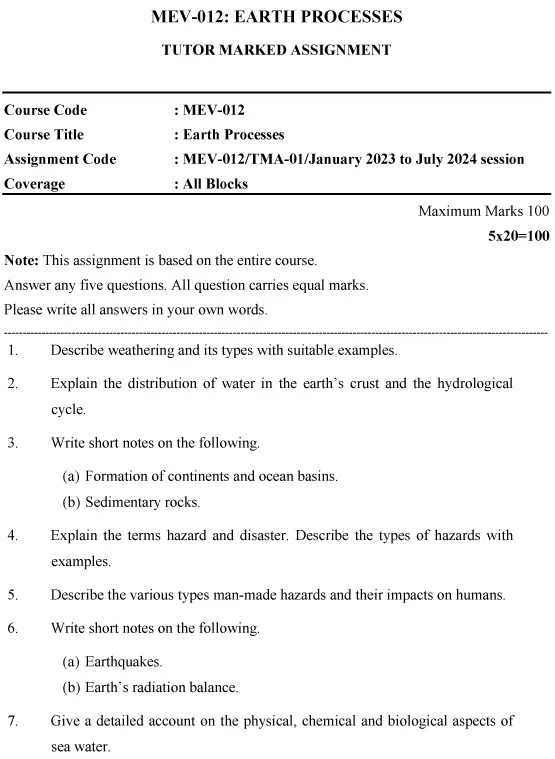 IGNOU MEV-12 - Earth Processes Latest Solved Assignment-January 2023 - July 2024