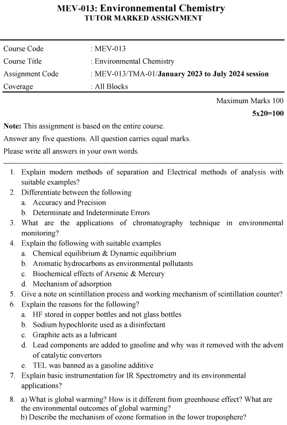 IGNOU MEV-13 - Environmental Chemistry Latest Solved Assignment-January 2023 - July 2024