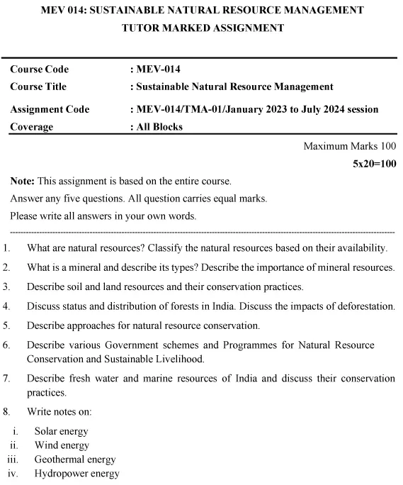 IGNOU MEV-14 - Sustainable Natural Resource Management Latest Solved Assignment-January 2023 - July 2024