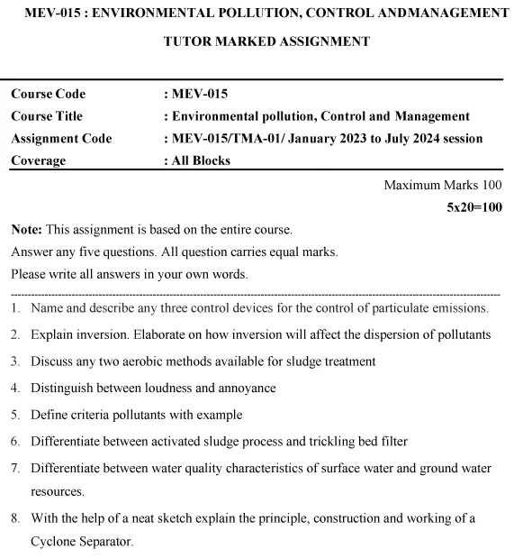 IGNOU MEV-15 - Environmental Pollution, Control and Management Latest Solved Assignment-January 2023 - July 2024