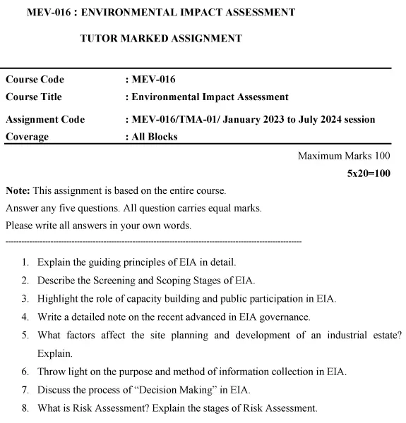 IGNOU MEV-16 - Environmental Impact Assessment Latest Solved Assignment-January 2023 - July 2024