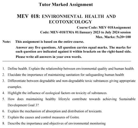 IGNOU MEV-18 - Environmental Health and Ecotoxicology Latest Solved Assignment-January 2023 - July 2024