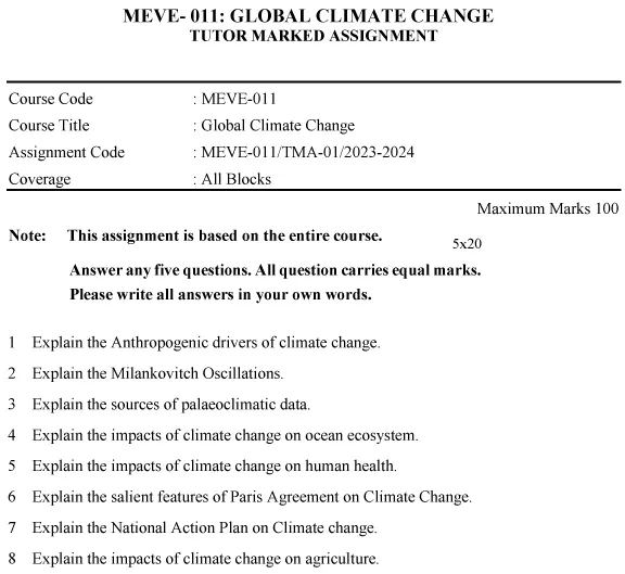 IGNOU MEVE-11 - Global Climate Change Latest Solved Assignment-January 2023 - July 2024