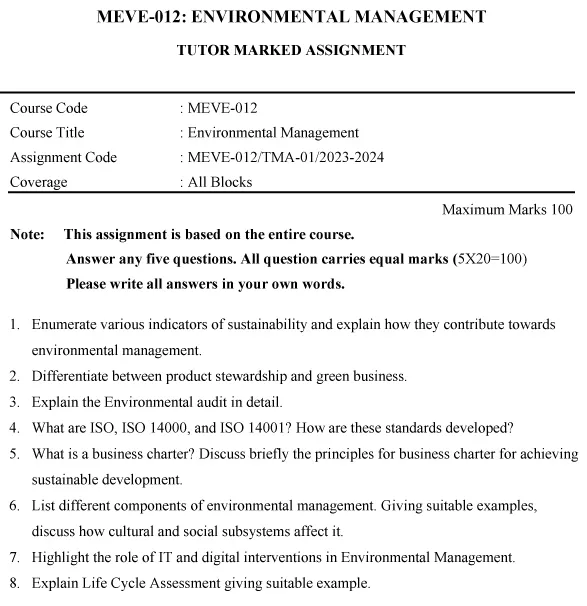 IGNOU MEVE-12 - Environmental Management Latest Solved Assignment-January 2023 - July 2024