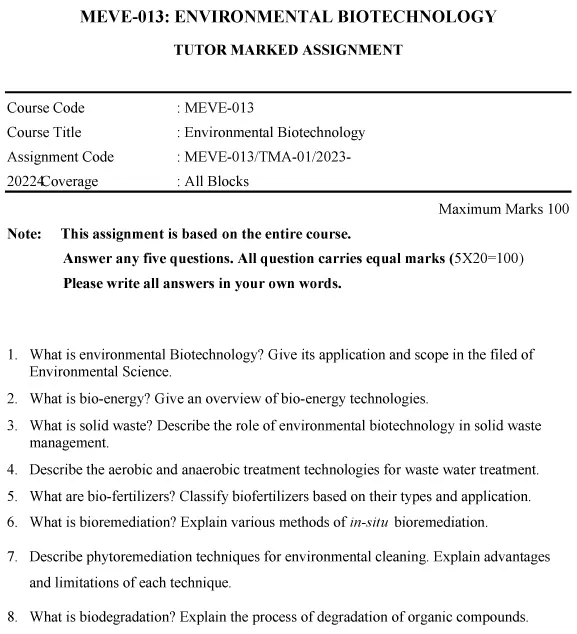 IGNOU MEVE-13 - Environmental Biotechnology Latest Solved Assignment-January 2023 - July 2024