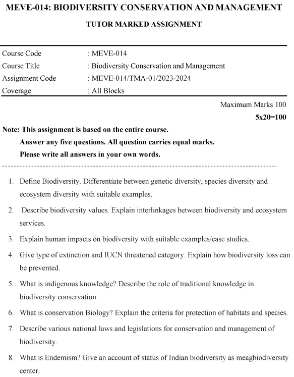 IGNOU MEVE-14 - Biodiversity Conservation and Management Latest Solved Assignment-January 2023 - July 2024