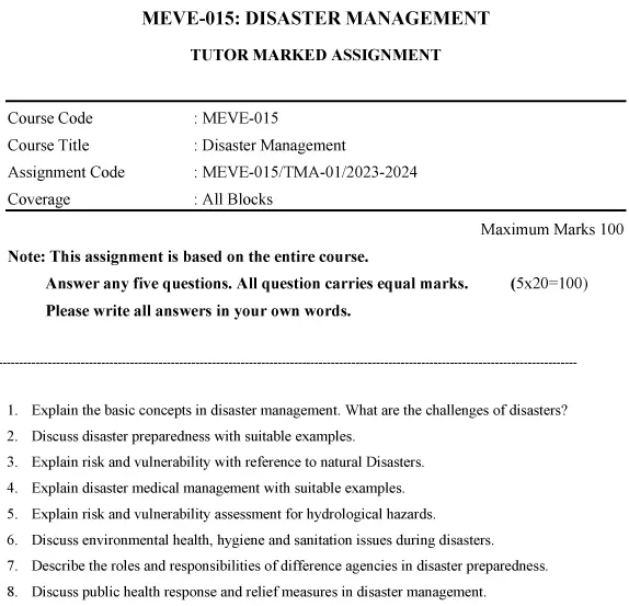 IGNOU MEVE-15 - Disaster Management Latest Solved Assignment-January 2023 - July 2024