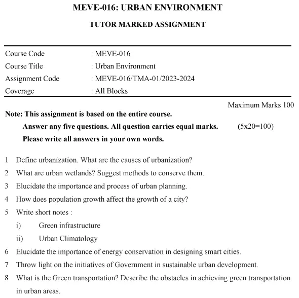 IGNOU MEVE-16 - Urban Environment Latest Solved Assignment-January 2023 - July 2024