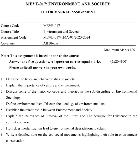 IGNOU MEVE-17 - Environment and Society Latest Solved Assignment-January 2023 - July 2024