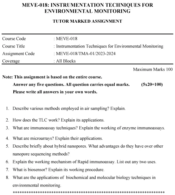 IGNOU MEVE-18 - Instrumentation Techniques for Environmental Monitoring Latest Solved Assignment-January 2023 - July 2024