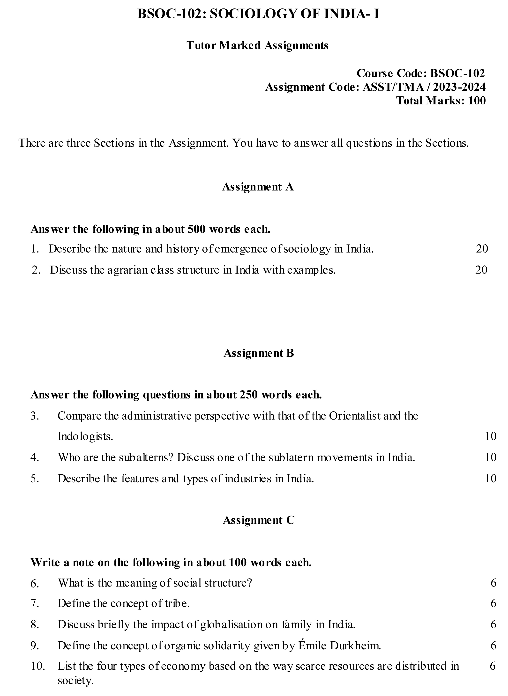 IGNOU BSOC-102 - Sociology of India-I, Latest Solved Assignment -July 2023 - January 2024