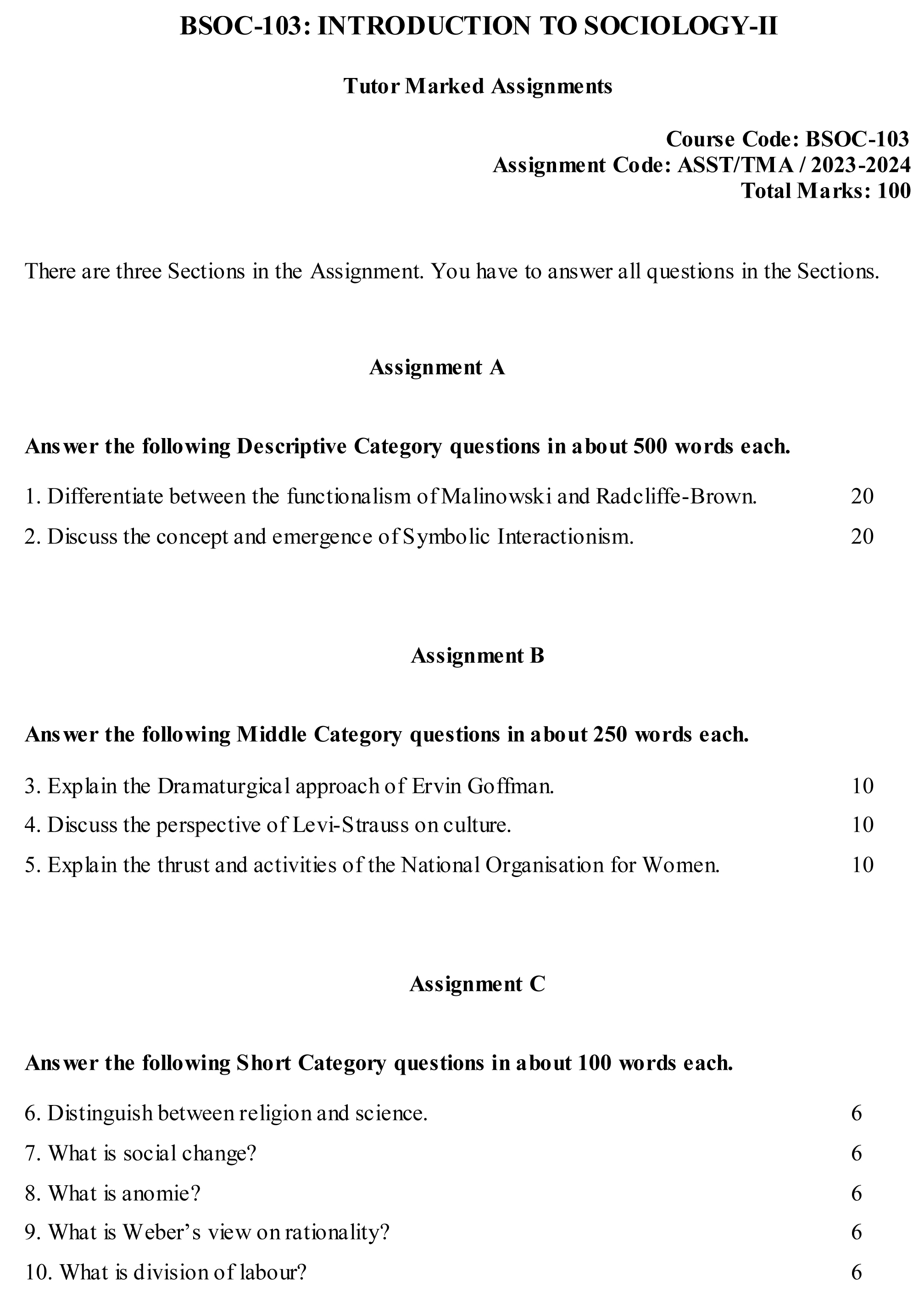 IGNOU BSOC-103 - Introduction to Sociology-II, Latest Solved Assignment -July 2023 - January 2024