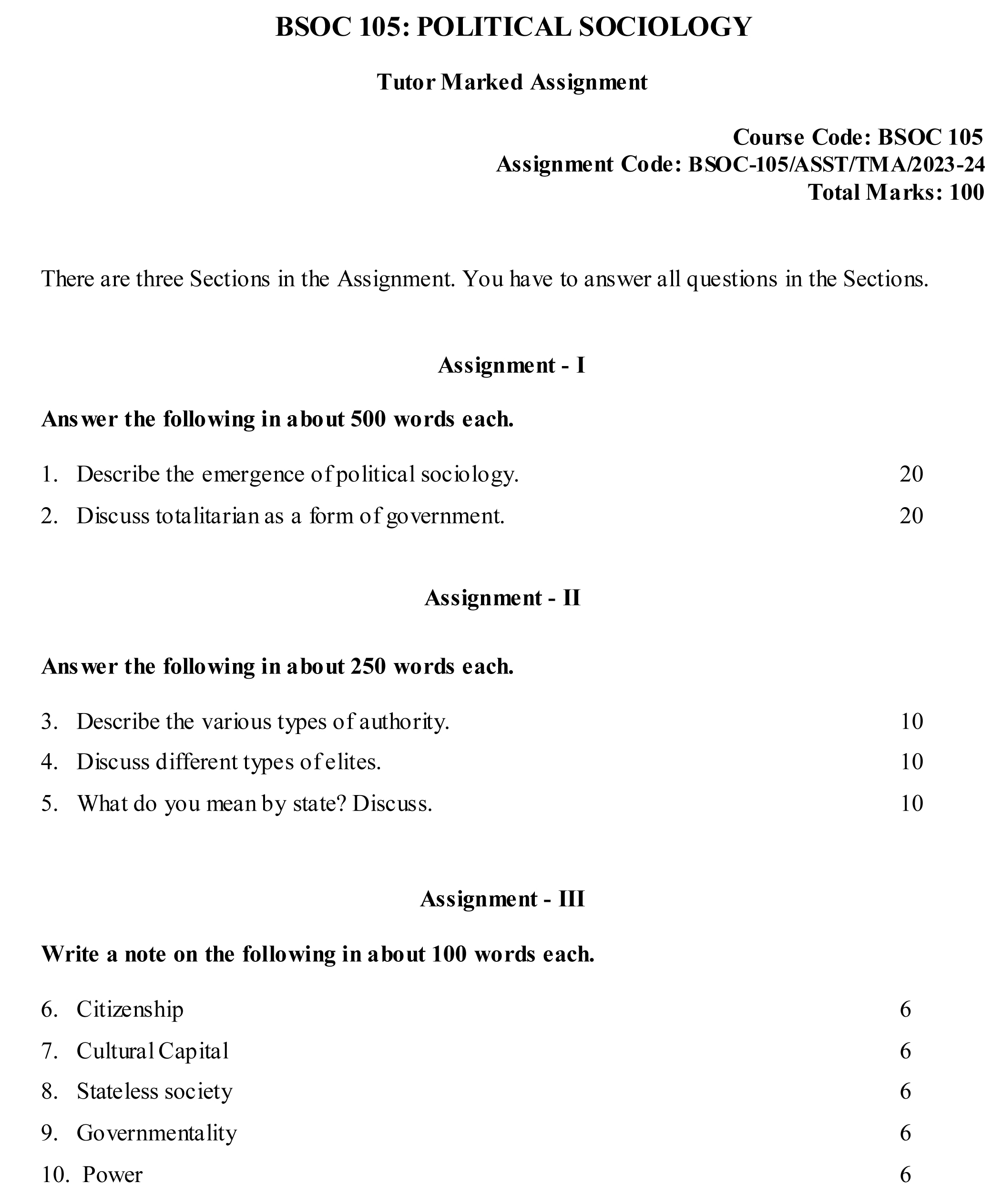 IGNOU BSOC-105 - Political Sociology, Latest Solved Assignment -July 2023 - January 2024