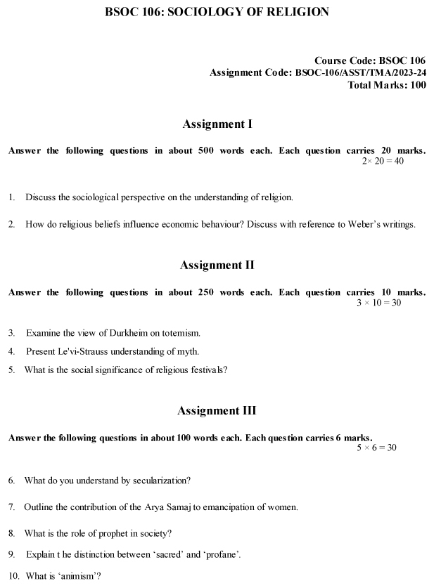 IGNOU BSOC-106 - Sociology of Religion, Latest Solved Assignment-July 2023 - January 2024