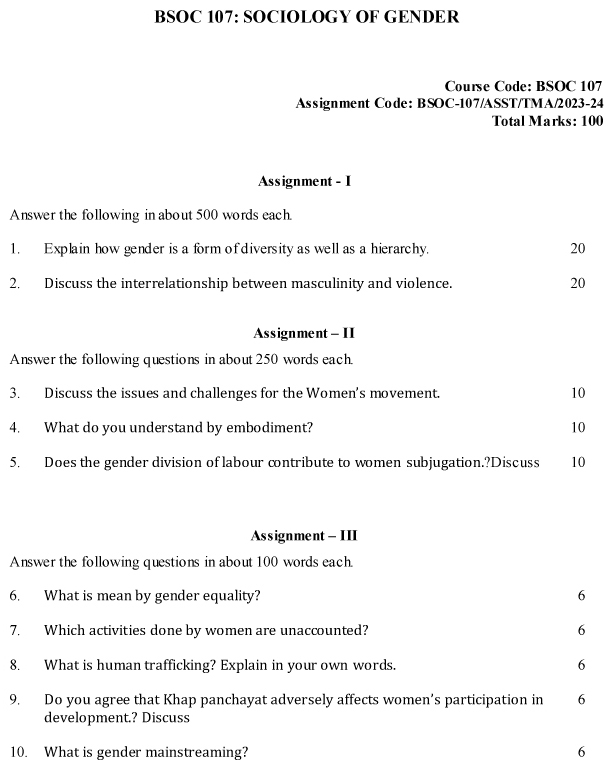 IGNOU BSOC-107 - Sociology of Gender, Latest Solved Assignment-July 2023 - January 2024