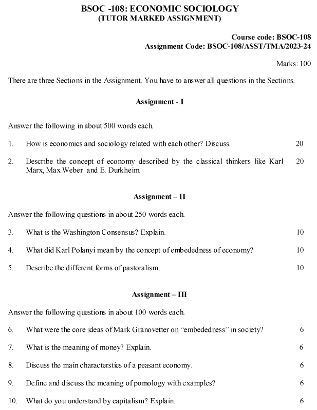 IGNOU BSOC-108 - Economic Sociology, Latest Solved Assignment-July 2023 - January 2024