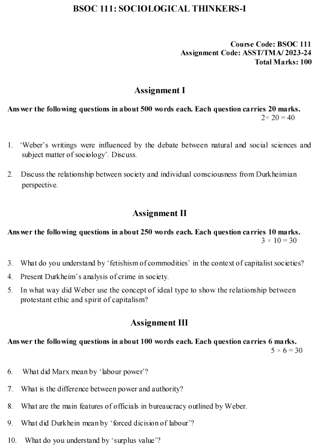 IGNOU BSOC-111 - Sociological Thinkers -I Latest Solved Assignment-July 2023 - January 2024