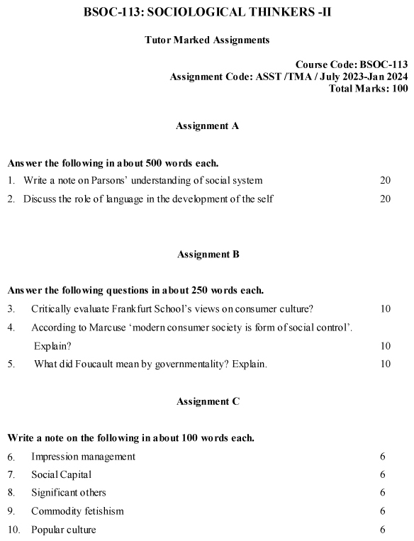 IGNOU BSOC-113 - Sociological Thinkers -II  Latest Solved Assignment-July 2023 - January 2024