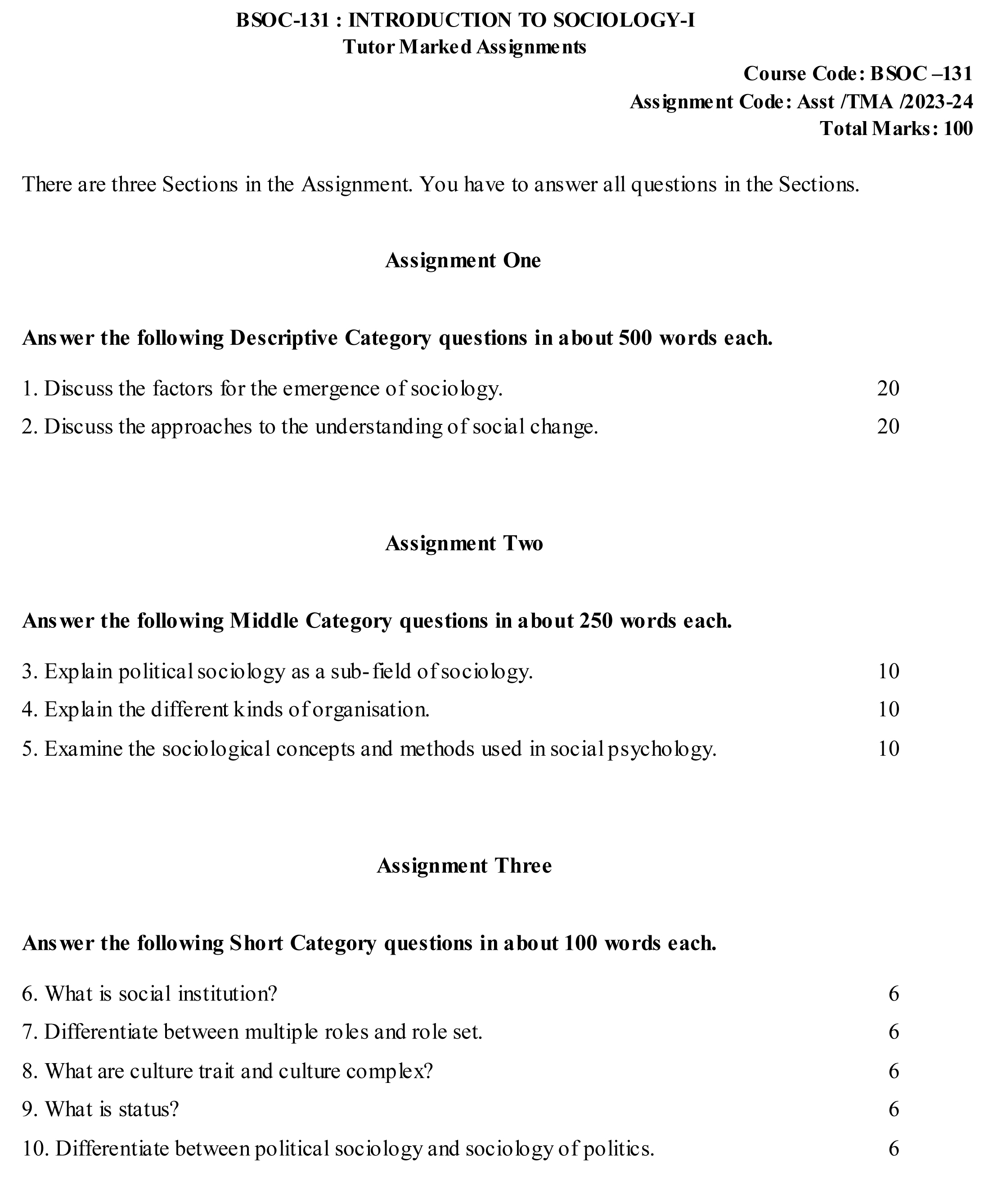 IGNOU BSOC-131 - Introduction to Sociology, Latest Solved Assignment-July 2023 - January 2024