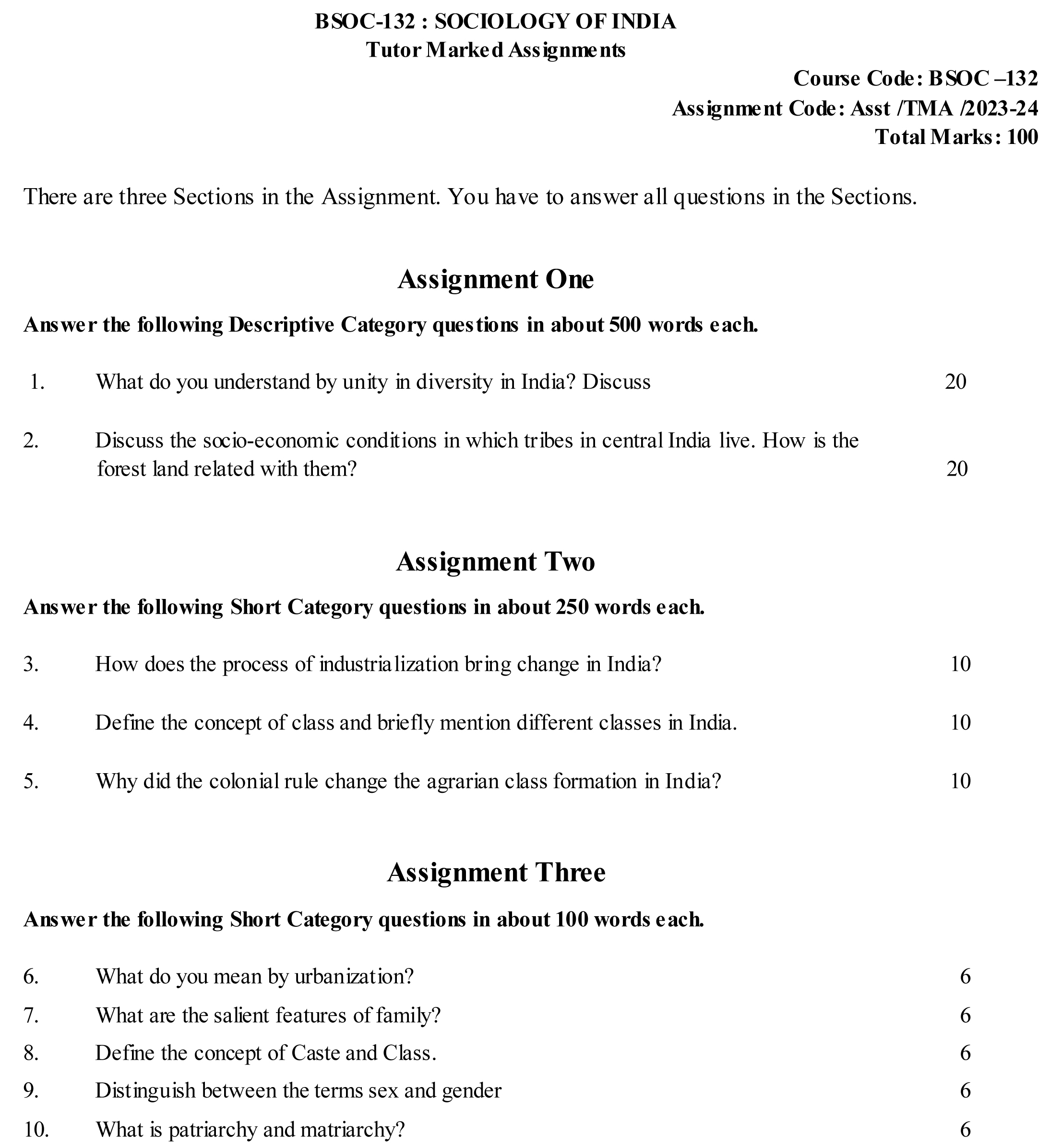 IGNOU BSOC-132 - Sociology of India, Latest Solved Assignment-July 2023 - January 2024