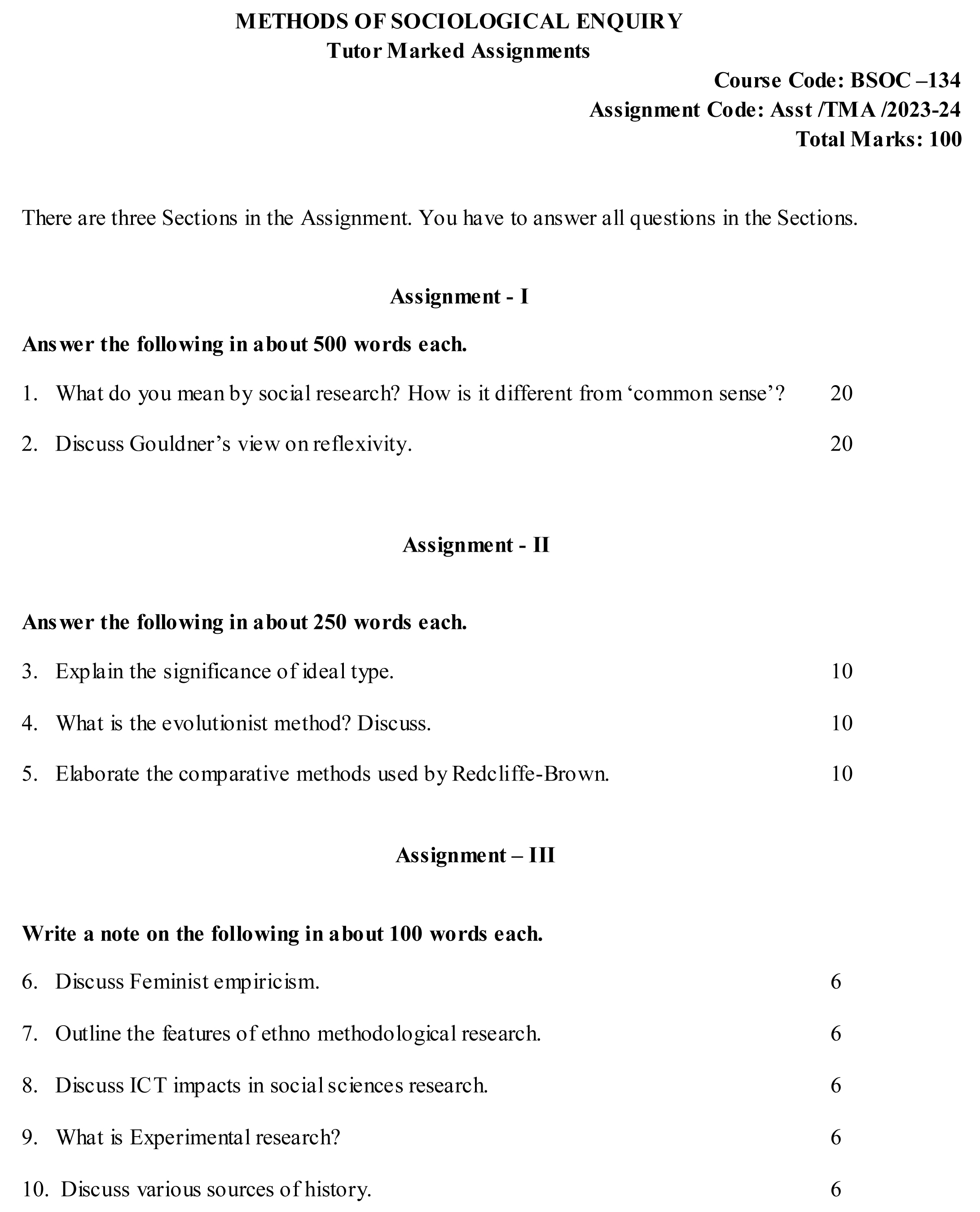 IGNOU BSOC-134 - Methods of Sociological Enquiry, Latest Solved Assignment-July 2023 - January 2024