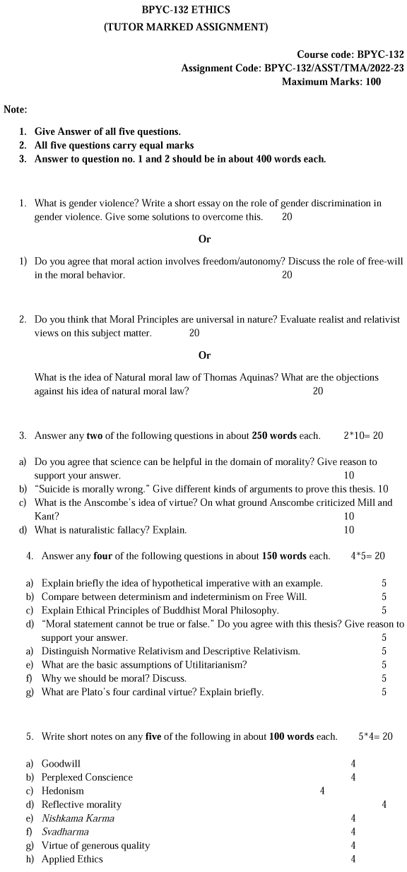 IGNOU BPYC-132 - Ethics, Latest Solved Assignment-July 2023 - January 2024