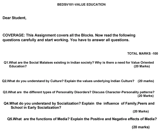 IGNOU BEDSV-101 - Value Education Latest Solved Assignment-January 2024 - July 2024