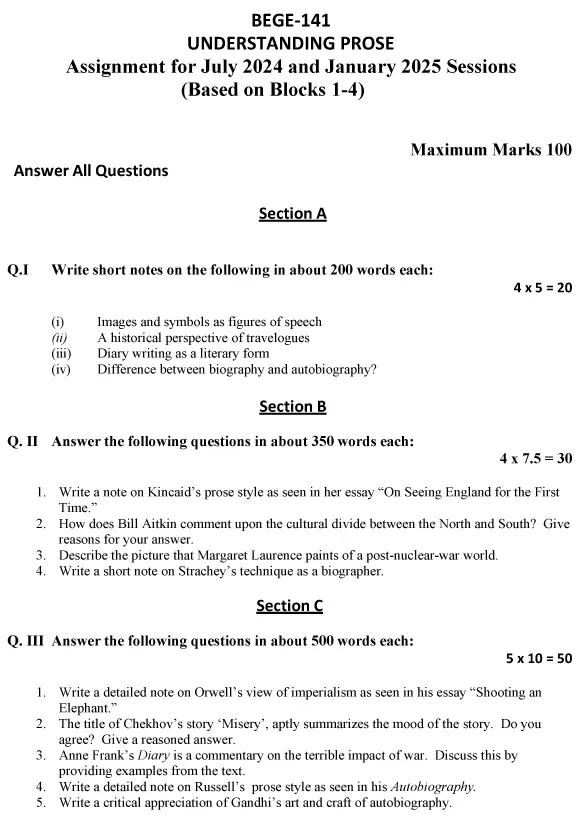 IGNOU BEGE-141 - Understanding Prose, Latest Solved Assignment-July 2024 - January 2025