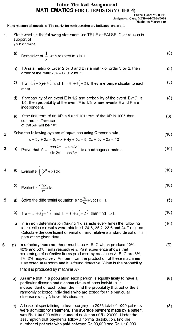 IGNOU MCH-14 - Mathematics for Chemists Latest Solved Assignment-January 2024 - December 2024