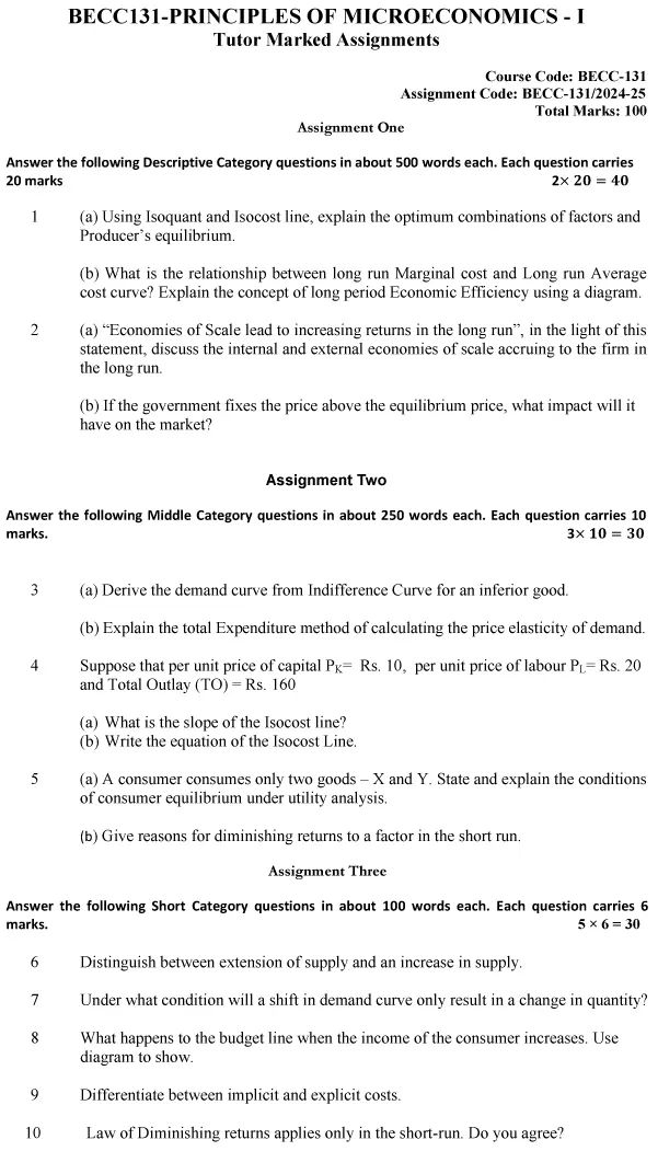 IGNOU BECC-131 - Principles of Microeconomics-I, Latest Solved Assignment-July 2024 - January 2025