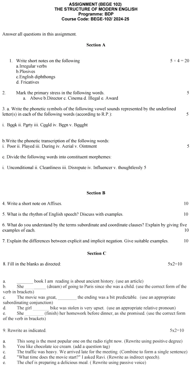 BEGE-102 - The Structure of Modern English-July 2024 - January 2025